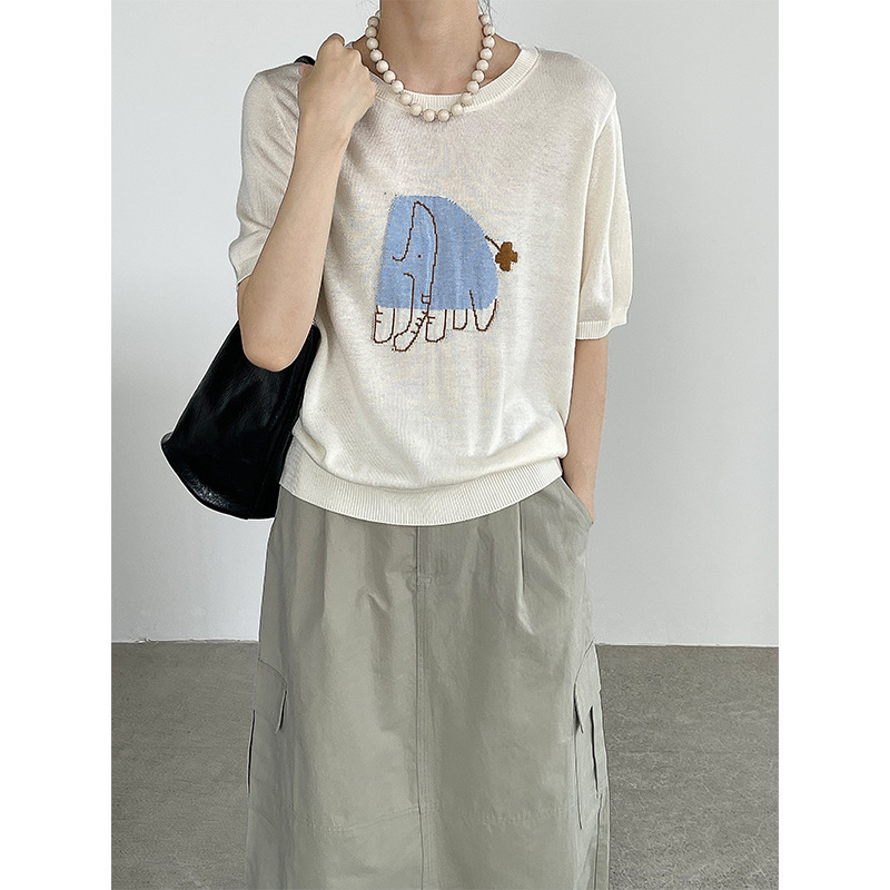 Taochuan Highly Recommends!! Little Elephant Round Neck Short Sleeve Sweater Women's Wool Soft and Waxy Easiest for Match Top Yl572