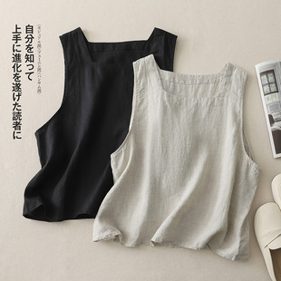 Real Shot of Retro Literary Cotton and Linen Vest for Women, Loose and Slim Summer Wear, New Casual Tower Pullover Sleeveless T-Shirt
