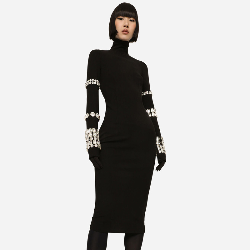 European and American new heavy-duty rhinestone long-sleeved turtleneck bandage dress slim-fit slimming knitted round neck women's autumn and winter