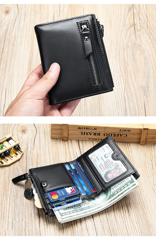 Ví nam da bò thật dạng đứng có khóa kéo, nhiều ngăn đựng thẻ và tiền xu, 9×1,5×11 cm — Cà phê, Cà phê đậm, Màu đen chi tiết 26