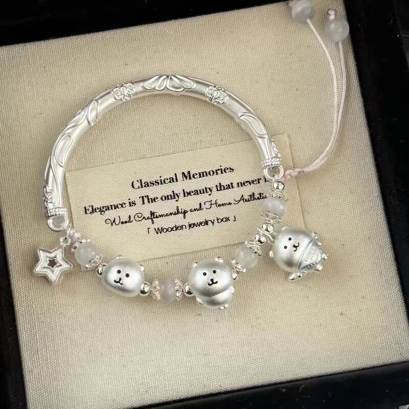 Cute silver self-deprecating bear half-bangle bracelet, high aesthetic appeal, fashionable and adorable, adjustable wishing star, gift for girls Cute silver self-deprecating bear half-bangle bracelet, high aesthetic appeal, fashionable and adorable, adjustable wishing star, gift for girls