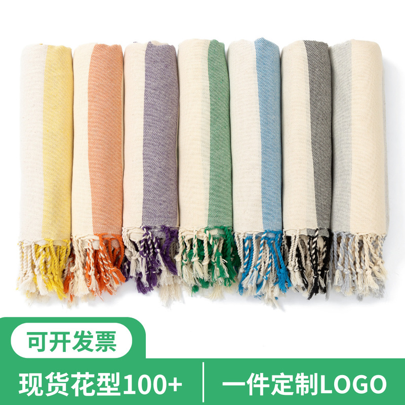 An embroidered logo Turkish towel with tassel European and American Foreign trade adult bath towel yarn-dyed striped beach towel An embroidered logo Turkish towel with tassel European and American Foreign trade adult bath towel yarn-dyed striped beach towel
