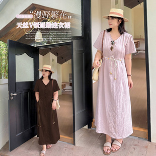 Inno Large Size V Neck Woven Belt Dress Women's 2025 Summer New Fat mm Waist Mid-Length Skirt 262584