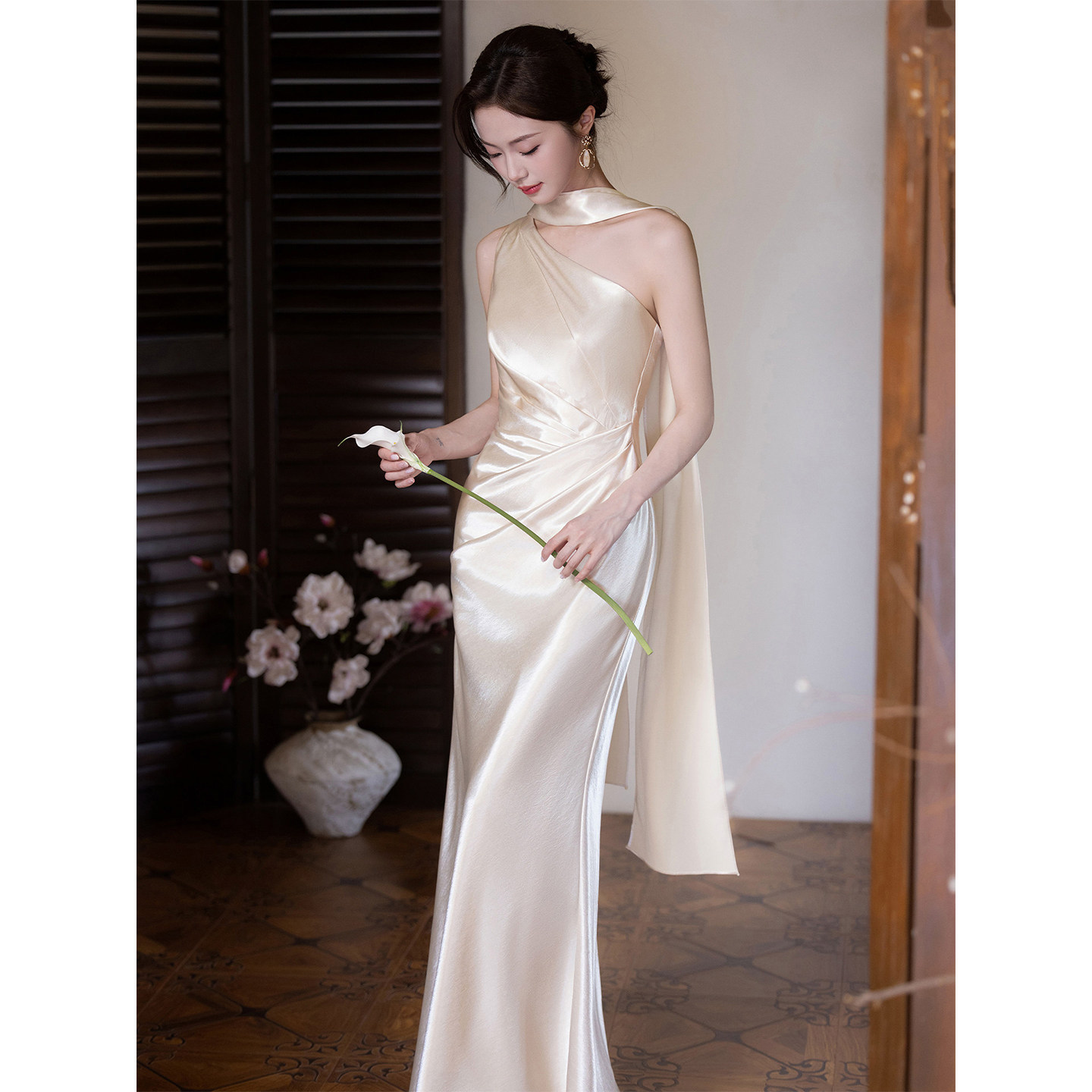 Satin Mermaid Engagement Gown in Champagne Color