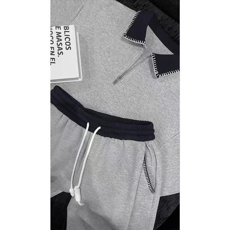 Longdaodao 夏の新しいトレンディなアメリカンカジュアルシンプルなスポーツジッパーカラー半袖 Tシャツルーズパンツスーツ|undefined