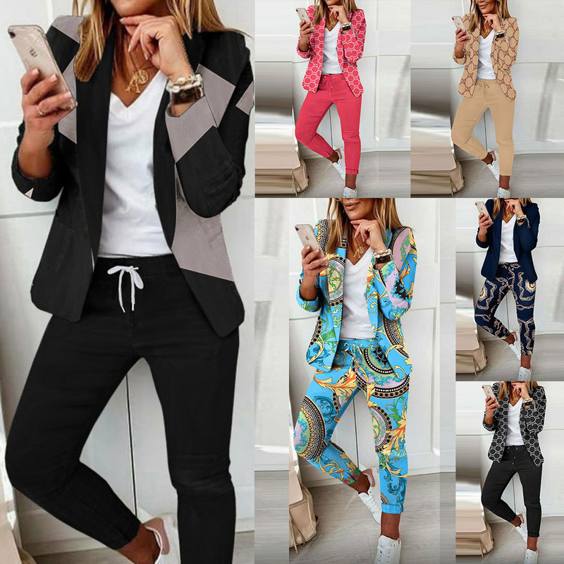 Cross-border Autumn and Winter Hot Selling Amazon European and American Fashion Printed Long Sleeve Cardigan Casual Small Suit Suit Women M10168