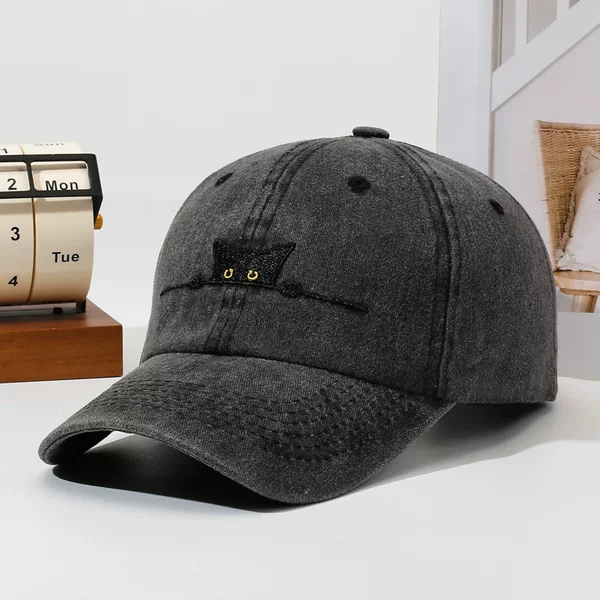 Cat Embroidery Washed Baseball Cap Versatile Fashion Dad Hat Adjustable Sun Protection Sports Cap Manufacturer In-Stock Black