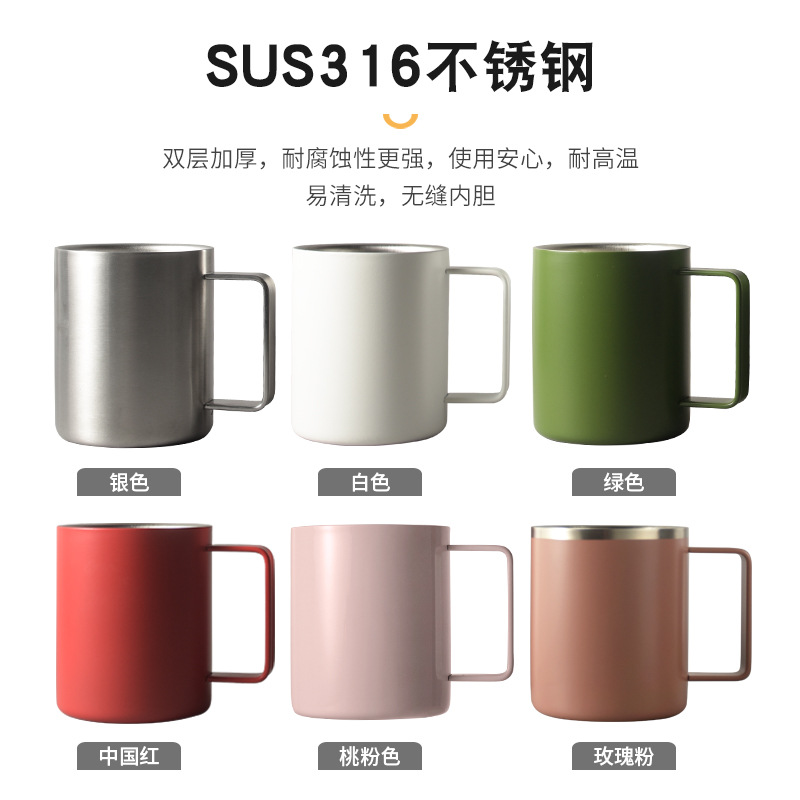 Nuevo estilo 316 taza de agua mango de acero inoxidable de doble capa taza de vino caliente fiesta al aire libre taza de café portátil sin impresión