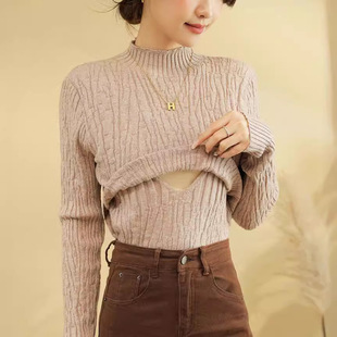 Real shot in stock autumn and winter thickened warm nursing sweater postpartum hot mom half turtleneck nursing bottoming top confinement clothing
