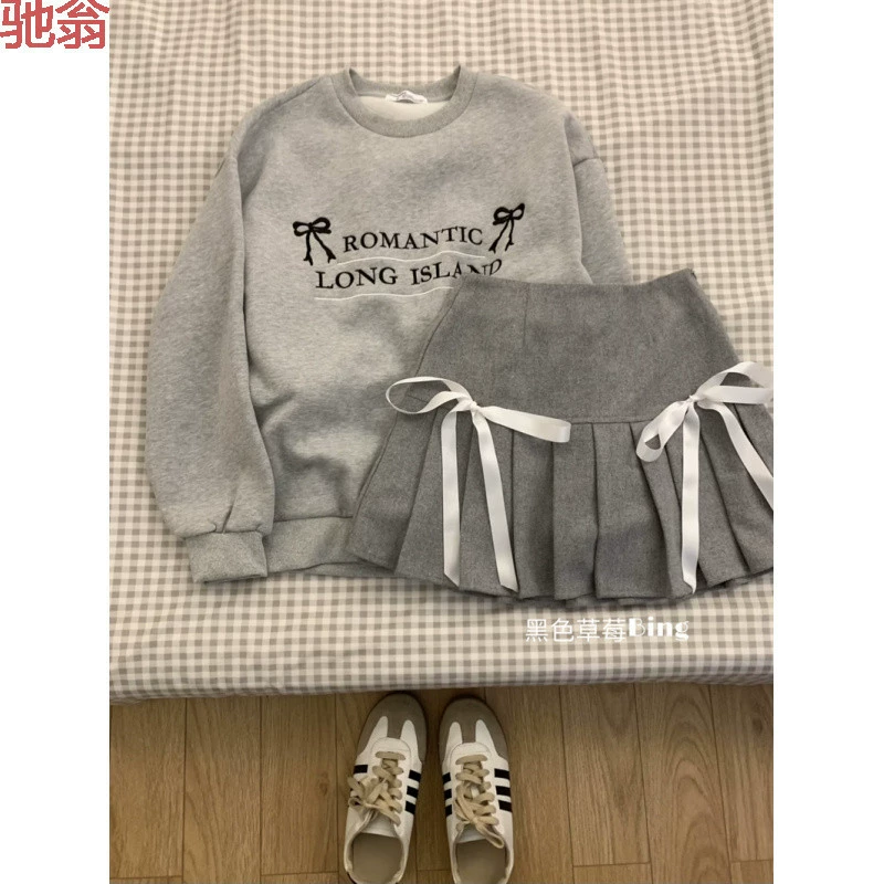Длинный рукав, плисированная юбка с бантом, вышивкой, oversize, высокий пояс
