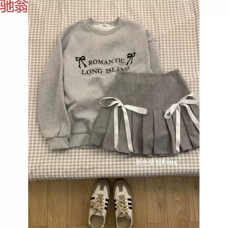 Длинный рукав, плисированная юбка с бантом, вышивкой, oversize, высокий пояс