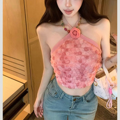 直播衣服女主播甜妹娇气挂脖花朵吊带纯欲风显胸大短款辣妹背心夏