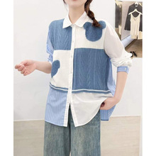 秋装 日系小清新针织拼接 宽松女士开衫长袖衬衫上衣批发潮