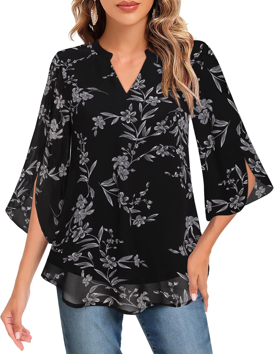 Damen Chiffonbluse Mit V-ausschnitt Und Blütenärmeln_voghion.com