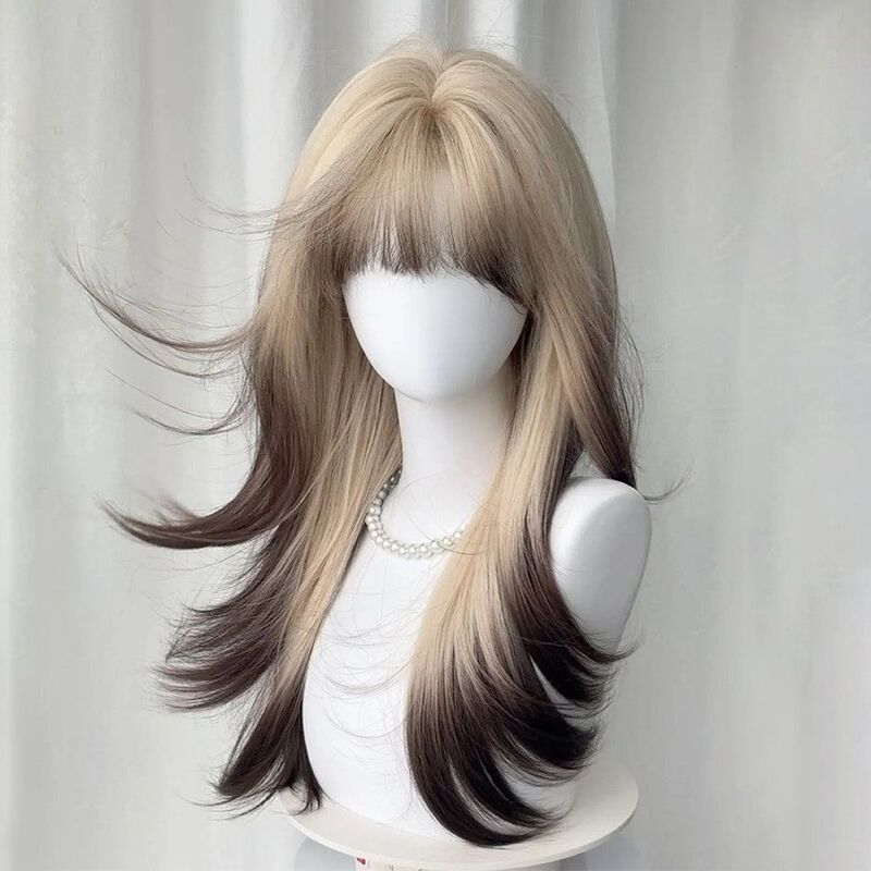 Kexiu [Siamese Cat] Wig for Women with Medium and Long Hair, Air Bangs, High-Level Gradient Highlights, Wig for Women, Full Head