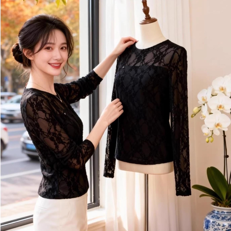 Black High-End Lace Long-Sleeve Top for Women, 2026 Spring New Stylish and Beautiful Outerwear Blouse