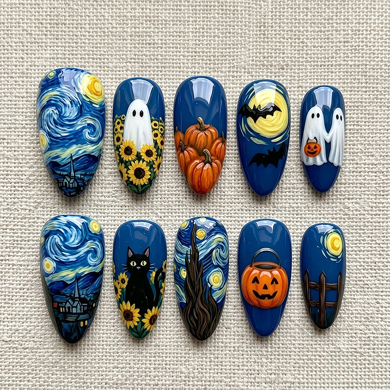 30 pieces of Halloween starry night press-on nails in Van Gogh oil painting style with pumpkin, ghost, and black cat designs, finished fake nails 30 pieces of Halloween starry night press-on nails in Van Gogh oil painting style with pumpkin, ghost, and black cat designs, finished fake nails