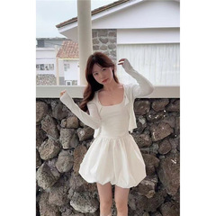 法式吊带连衣裙女装秋季芭蕾风修身花苞短裙甜美收腰蓬蓬裙两件套
