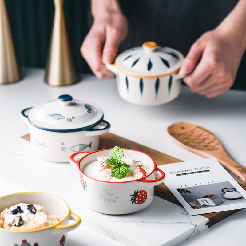 Baby Steamed Egg Bowl, Baby Food Supplement, Small Steaming Bowl, Household Ceramic Egg Custard with Lid, Double-Skinned Milk Pudding, Dessert Stew Cup