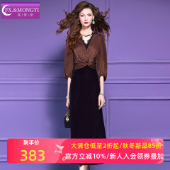 菲梦伊蕾丝边假两件连衣裙女秋装法式优雅气质收腰褶皱V领中长裙