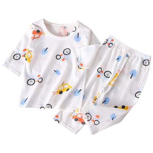 Two sets of children's summer thin air-conditioned clothing suits for boys and girls aged 1-6 years old, three-quarter sleeve home pajamas