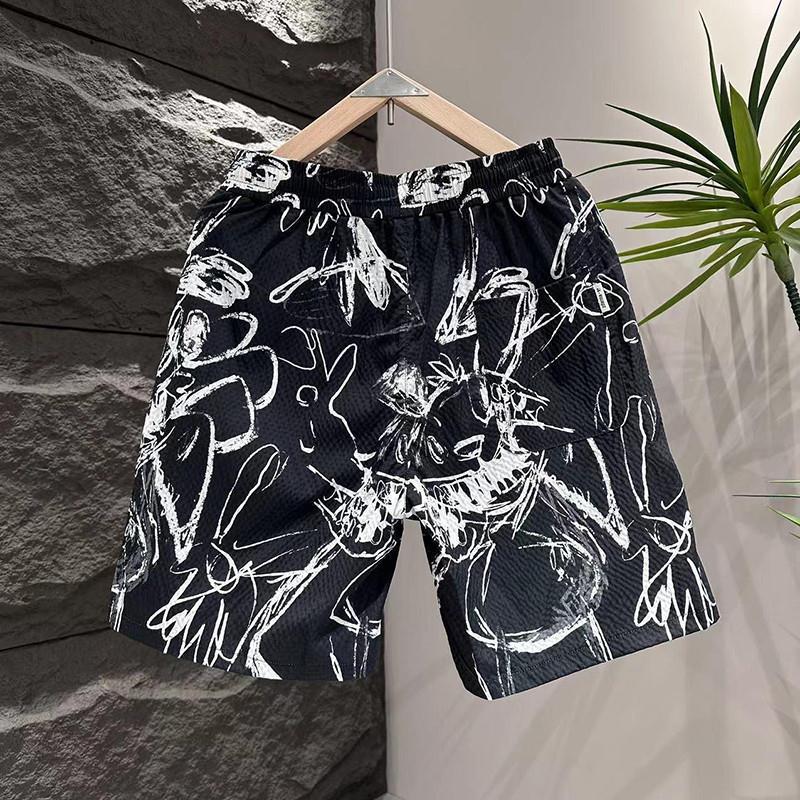 Men's Graffiti Style Quick Drying Beach Shorts Summer Thin High Street Sporty Casual Five Point Individuality Pants_viptrois.com