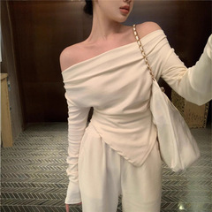 韩版跨境气质纯欲不规则一字肩长袖T恤高腰阔腿裤时尚两件套装女