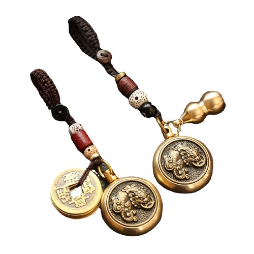 Pure Brass Keychain Pixiu Zhuanzhuan Five Emperors Money Festival Gift Pendant Handmade Rope Car Accessories Gourd Wholesale