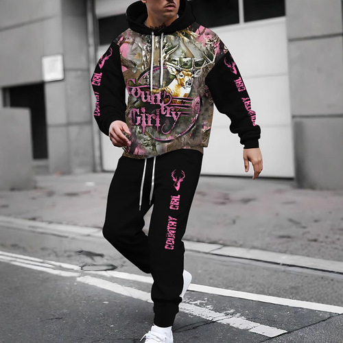 3D Digital Printing Hooded Sweatshirt Set with Letter Jungle Pattern Hooded Couple's Outfit