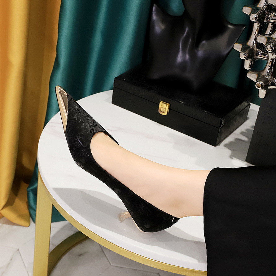 Women's Shoes Fine Heel Middle Heel Shallow Metal Pointed Toe Digital Pattern Satin Single Shoes_voghion.com