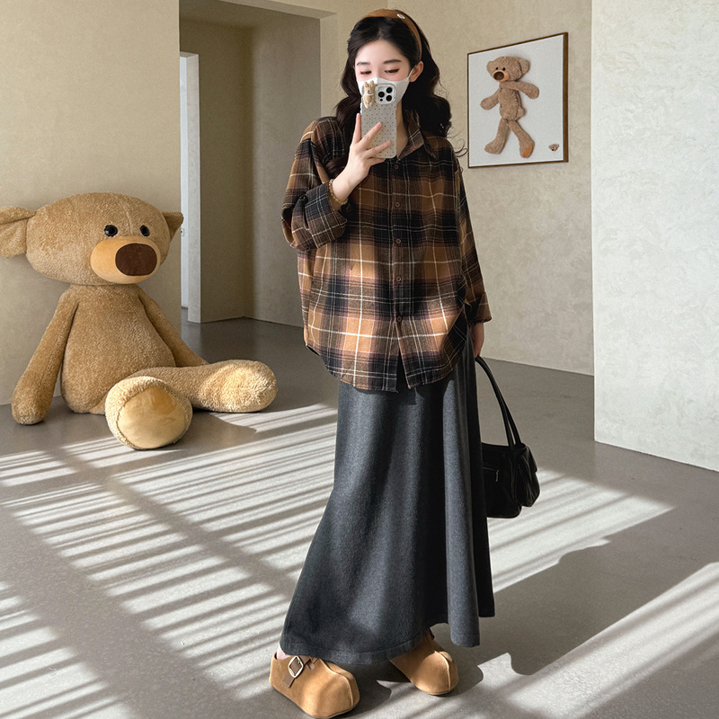 现货孕妇套装秋冬新款加厚磨毛格子衬衫 针织半身裙两件套套装|undefined