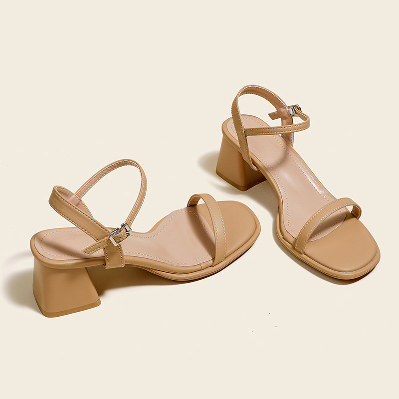 Lambskin Summer One-Strap High-Heeled Shoes for Women with Thick Heels New French Simple Style Nude Color High-End Open-Toe Sandals