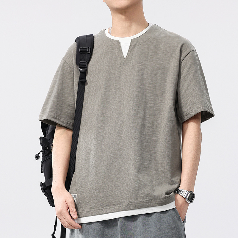 Texture Slub Cotton Short-sleeved T-shirt Men's Summer New Fake Two-piece T-shirt Loose Double Collar Half-sleeved Top for Men Texture Slub Cotton Short-sleeved T-shirt Men's Summer New Fake Two-piece T-shirt Loose Double Collar Half-sleeved Top for Men