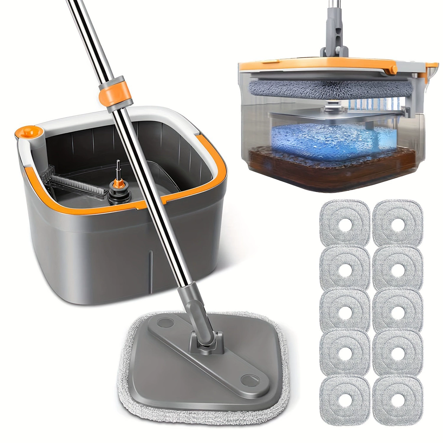 Spin Mop Bucket Set, self-separating dirty-water system, microfiber pads 6/10 pcs