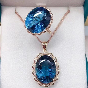 Natural Blue Topaz suit 18K Gold Inlay Pendant Ring Light Luxury Crystal Transparent Body Topaz Jewelry