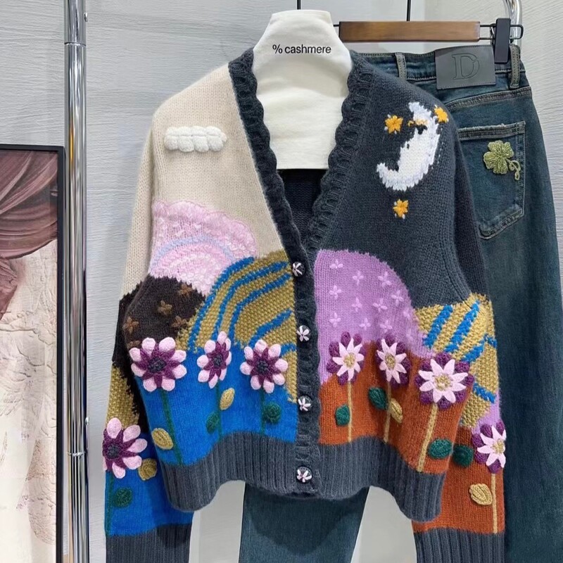 Exquisite Hand-Embroidered Cashmere Heavy-Duty Thickeneded Soft and Waxy Lazy Style Knitted Cardigan Sweater for Women Autumn and Winter New Style