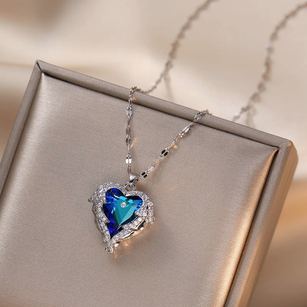 Collar de corazón de océano para mujer – colgante de cristal en forma de corazón, cadena de clavícula de acero inoxidable