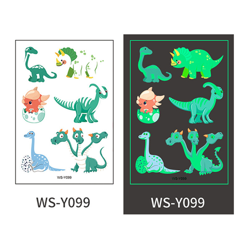 Pegatinas de tatuaje de dinosaurio luminoso Dibujos animados para niños Diversión Tyrannosaurus Rex Sudor impermeable Pegatinas de recompensa luminosas de color verde fluorescente temporal