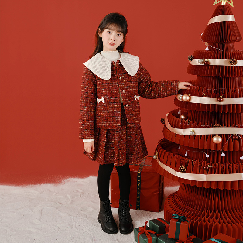 Ropa de otoño e invierno para niñas 2023 nueva Navidad Año Nuevo collar de muñeca Chaqueta de punto falda conjunto de dos piezas traje de niños medio y grande