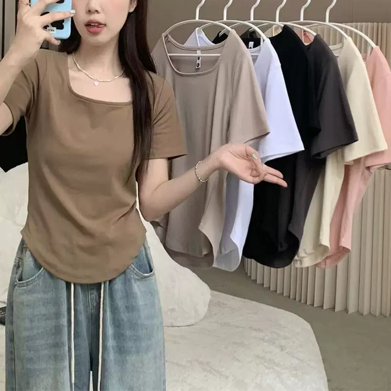 短袖T恤女夏季新款胖MM纯欲方领修身短款打底衫上衣百搭时尚ins潮