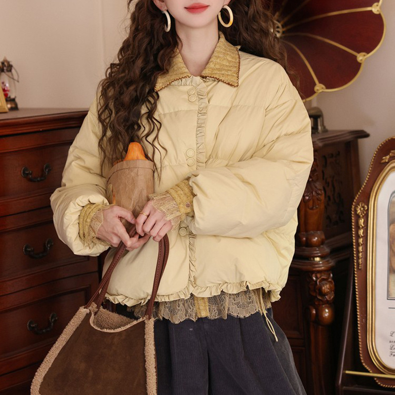 韩版圆领花边拼接单排扣棉服女2025冬季新款加厚保暖宽松显瘦棉衣