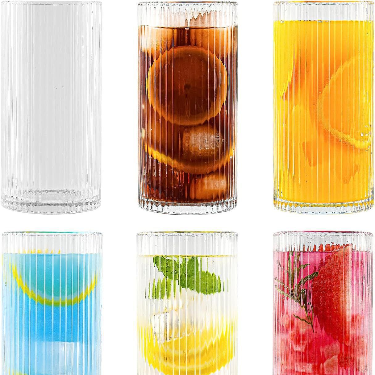 Amazon 12oz vertical ribbed glass cups for milk, straws, juice, cola, drinks, cocktails, whiskey