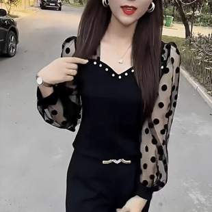 Fashionable and Stylish Mesh Splicing Dot Sleeve Blouse Top Long Sleeve Slimming Bottoming Shirt Versatile Elegant Blouse for Women