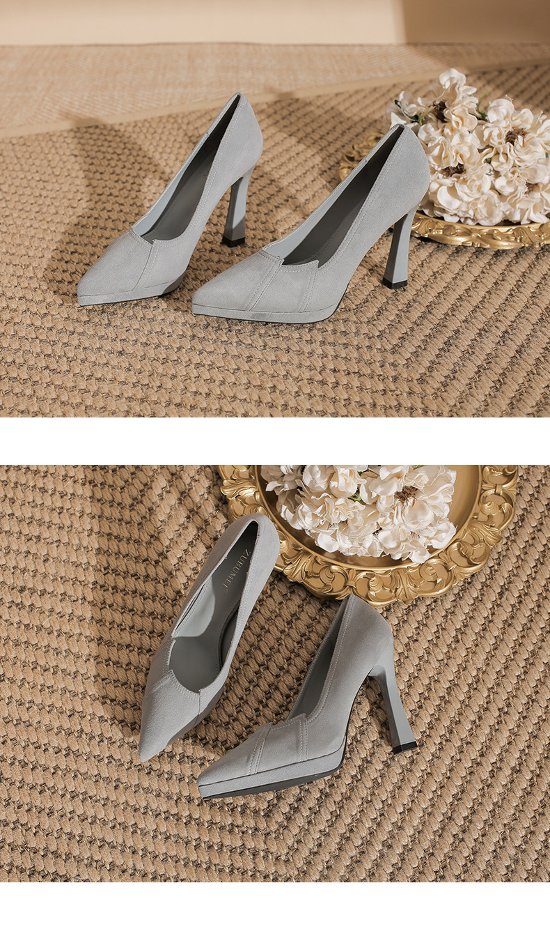 Giày cao gót nữ đế xuồng da lộn mũi nhọn gót 10.5 cm — nhung đen chi tiết 8