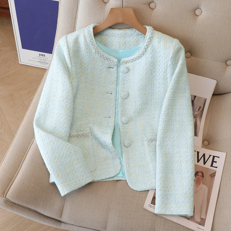 Chic Tweed Short Jacket for Women, Round Neck, Long Sleeve Cardigan, 2024 New Style, Elegant Commuting Thin Top