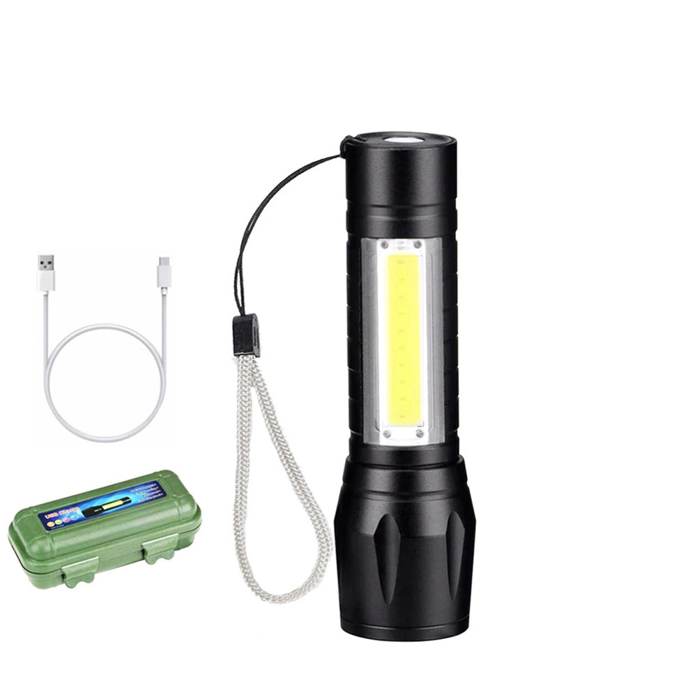 [boxed] plastic 511-side light-zoom small black direct charging + tail cord + data cable