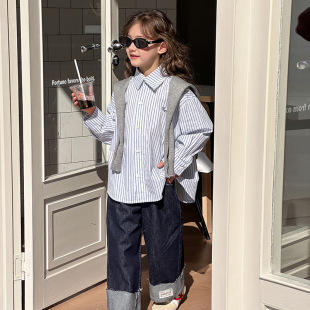 Emo Beibei 2025 Spring Children's Korean-style Casual Neutral-style Loose Embroidered Heart Color Contrast Striped Shirt Top
