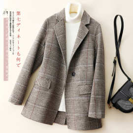 小香风毛呢外套小个子气质短款23春秋韩系西装格子双面羊毛大衣女