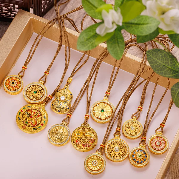 High Color-Retention Traditional Style Braided Rope Necklace, New Chinese Style Rotatable Six-Syllable Mantra Eight-Treasure Compass Sand Gold Pendant