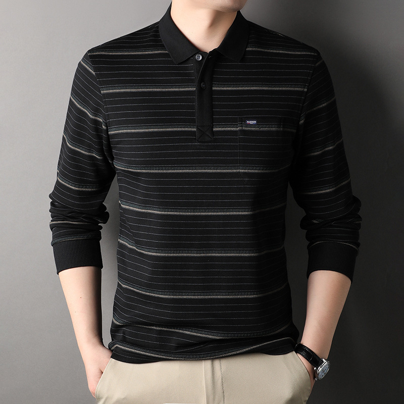 Men's Long-Sleeve T-Shirt, New Spring and Autumn Style, Middle-Aged Dad Business Top with Collar and Pocket, Wrinkle-Free Brand Striped Polo
